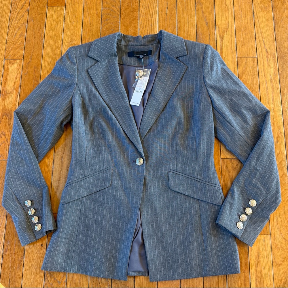 New White House Black Market 1-Button Gray Pink Pinstripe Blazer Suit Jacket Sz4